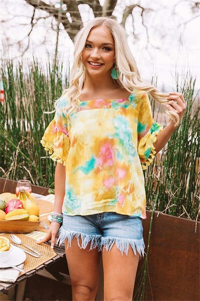 Laceing Tassel Ball Tie-Dye Pullover