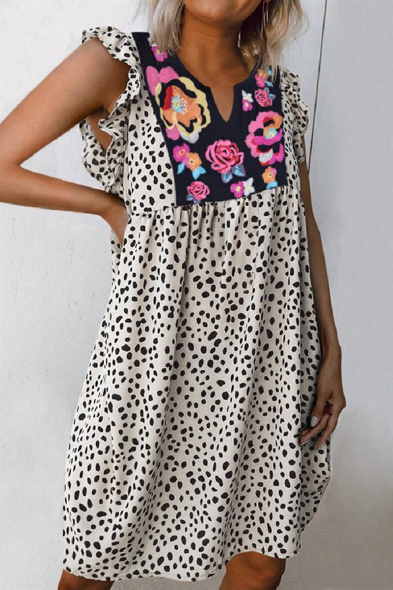 Laceing Leopard Splicing Floral Ruffled Casual Dress