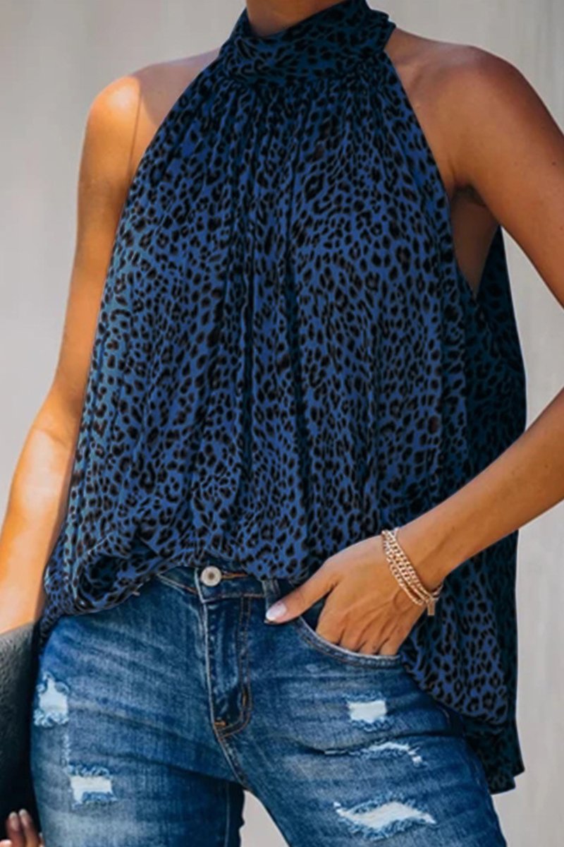 Laceing Sleeveless V-neck Loose Party Leopard Print T-Shirt Top