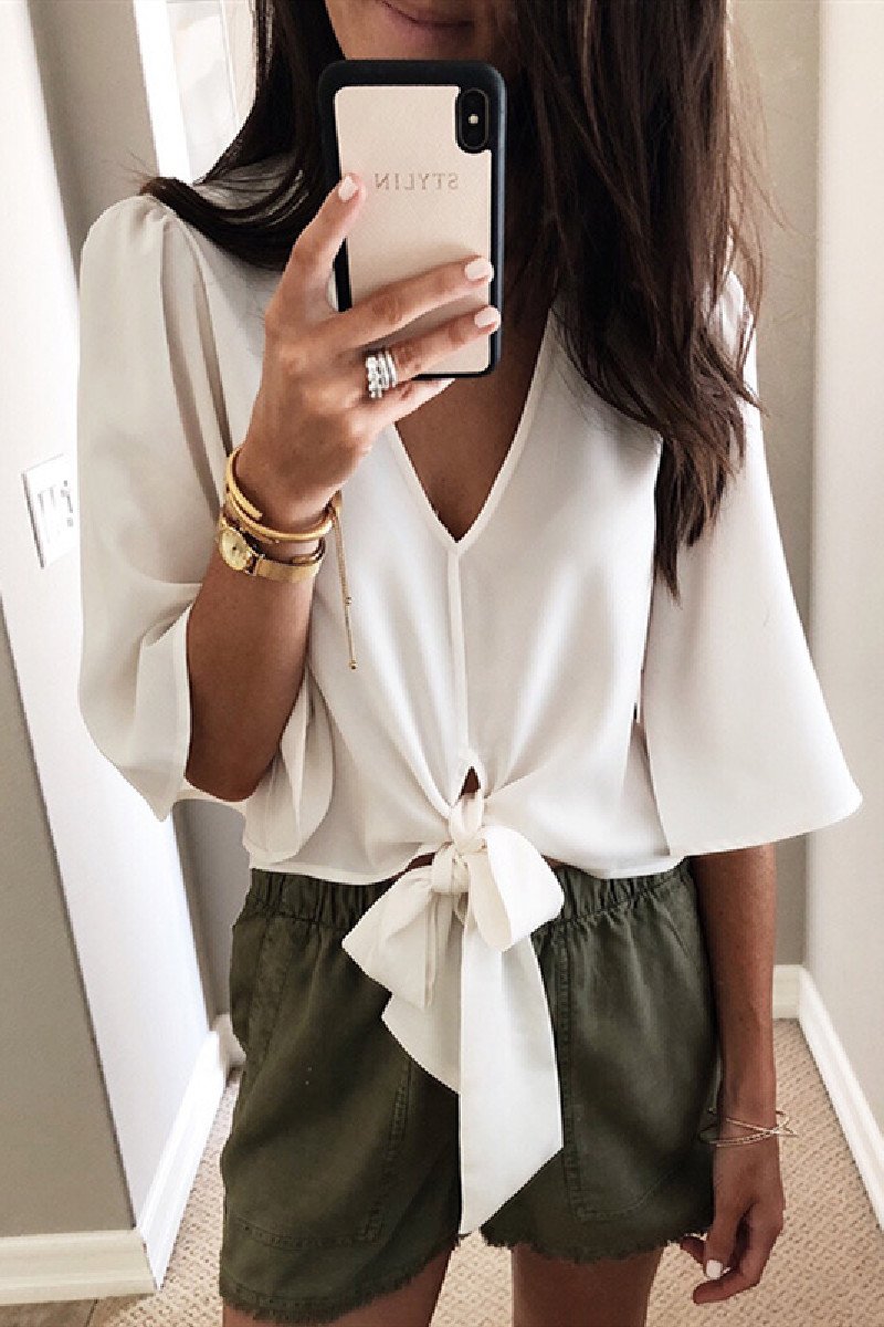 Laceing V Neck Front Tie Knot Solid Color Blouse Top