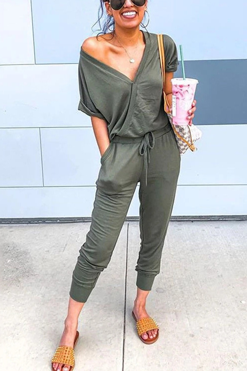 Laceing V Neck Short Sleeve Drawstring Jumpsuit with Pockets