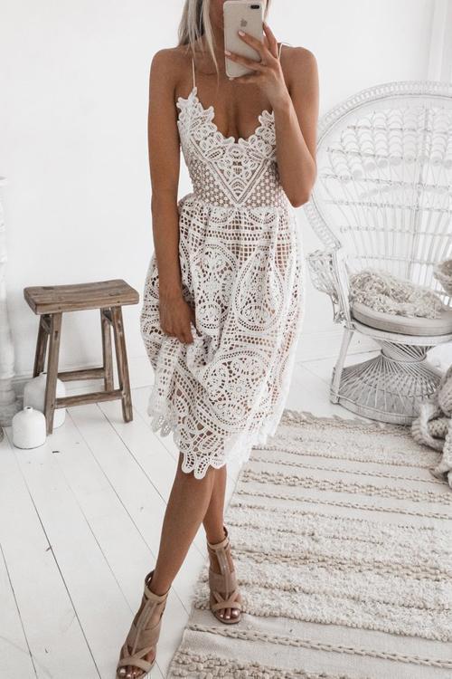 Laceing Crochet Lace Beach Wedding Party Dress