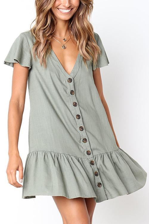 Laceing V Neck Buttons Mini Dress (4 colors)