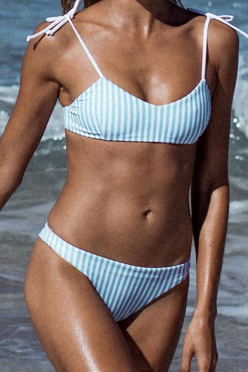 Laceing Blue Striped Lycra Bikini Set
