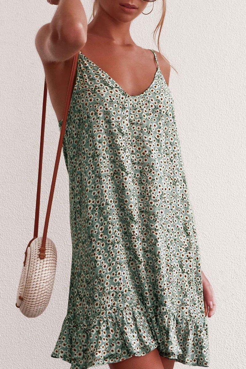 Laceing Floral Printed Sleeveless Dress