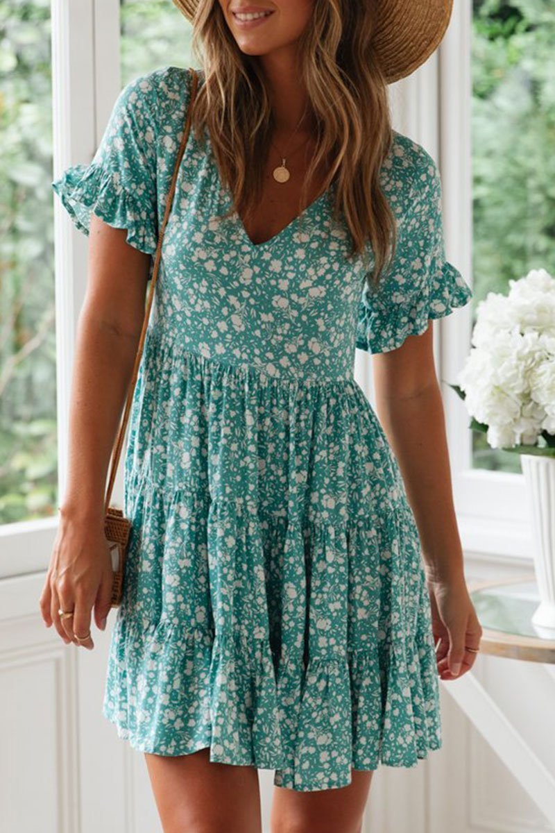 Laceing Floral Printed Mini A Line Dress