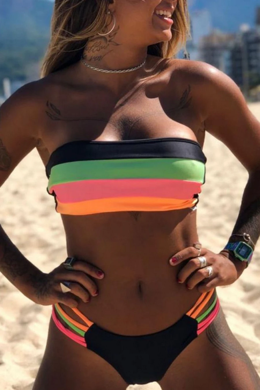 Laceing Bandeau Rainbow Striped Bikini Set
