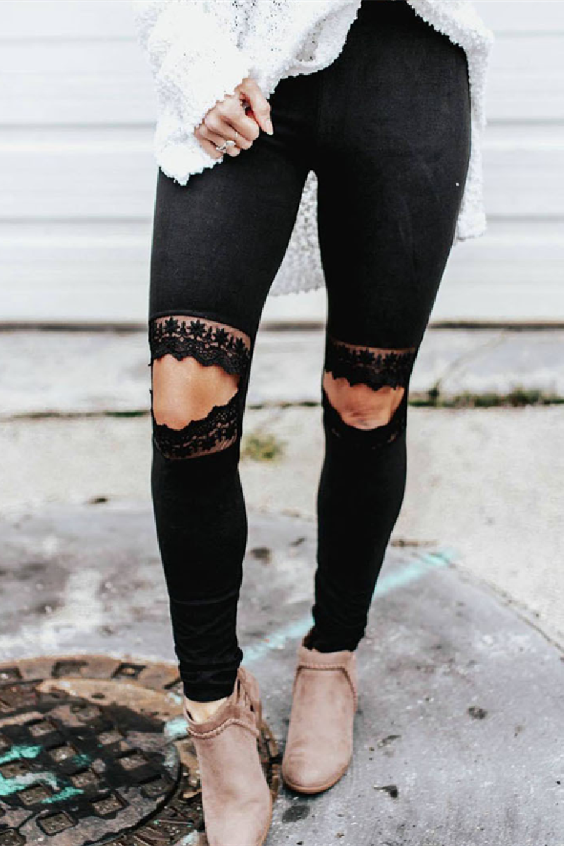 Laceing Cutout Knee Lace Decor Black Skinny Casual Leggings