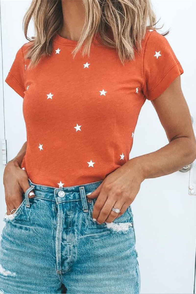 Laceing Round Neck Star Short Sleeve T-shirt