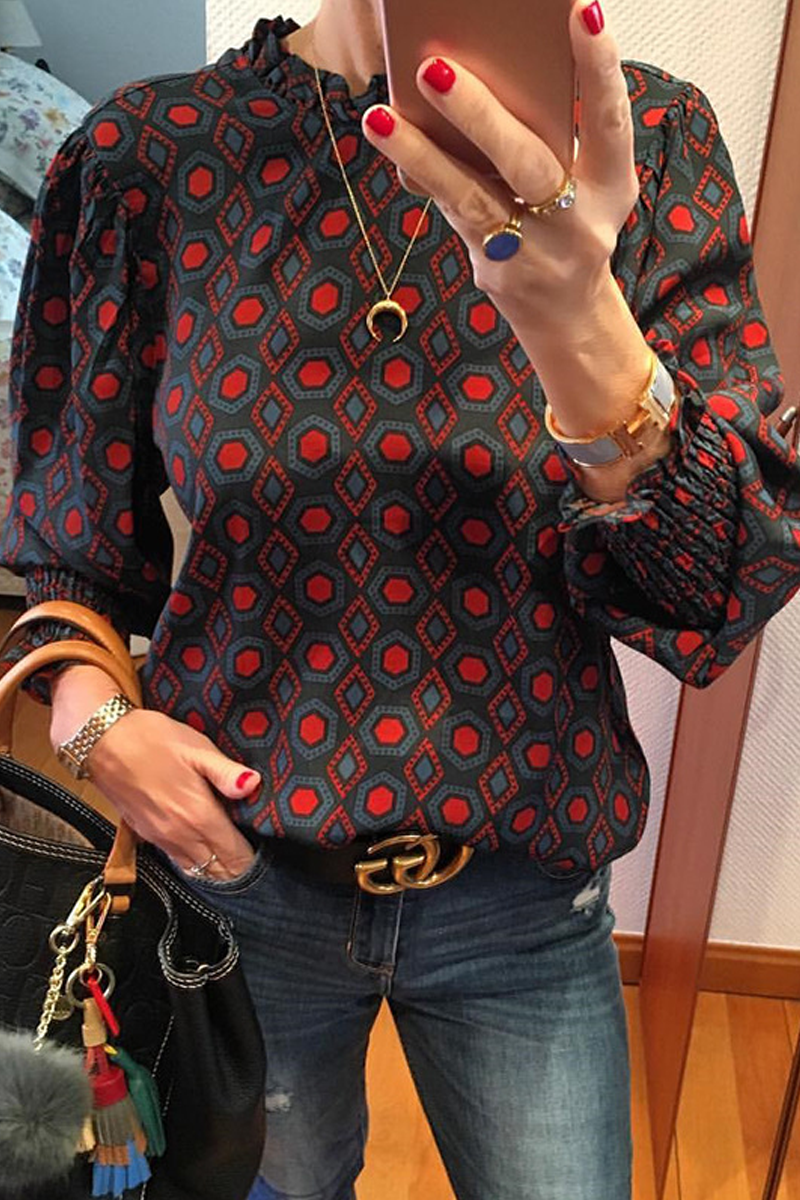 Laceing Geometric Pattern Long Sleeve Blouse