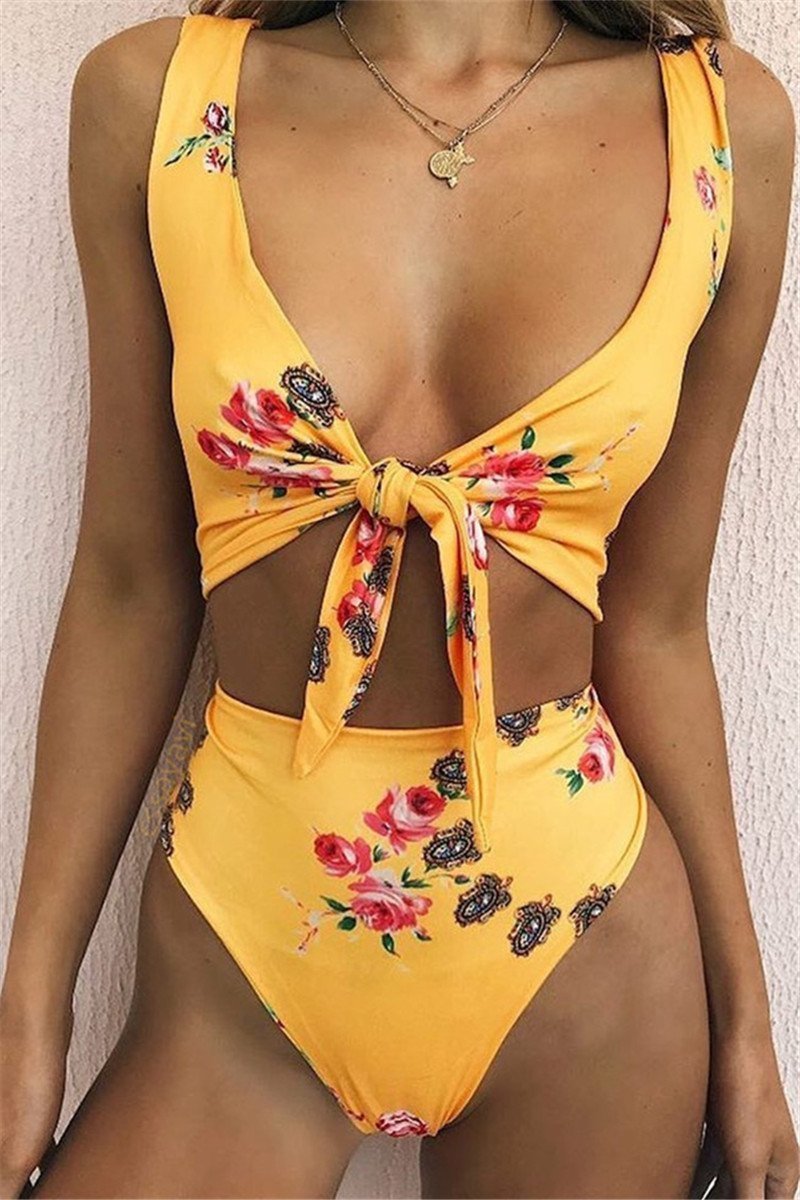 Laceing Knot Style Floral Pattern Deep V Sexy High Waist Bikini