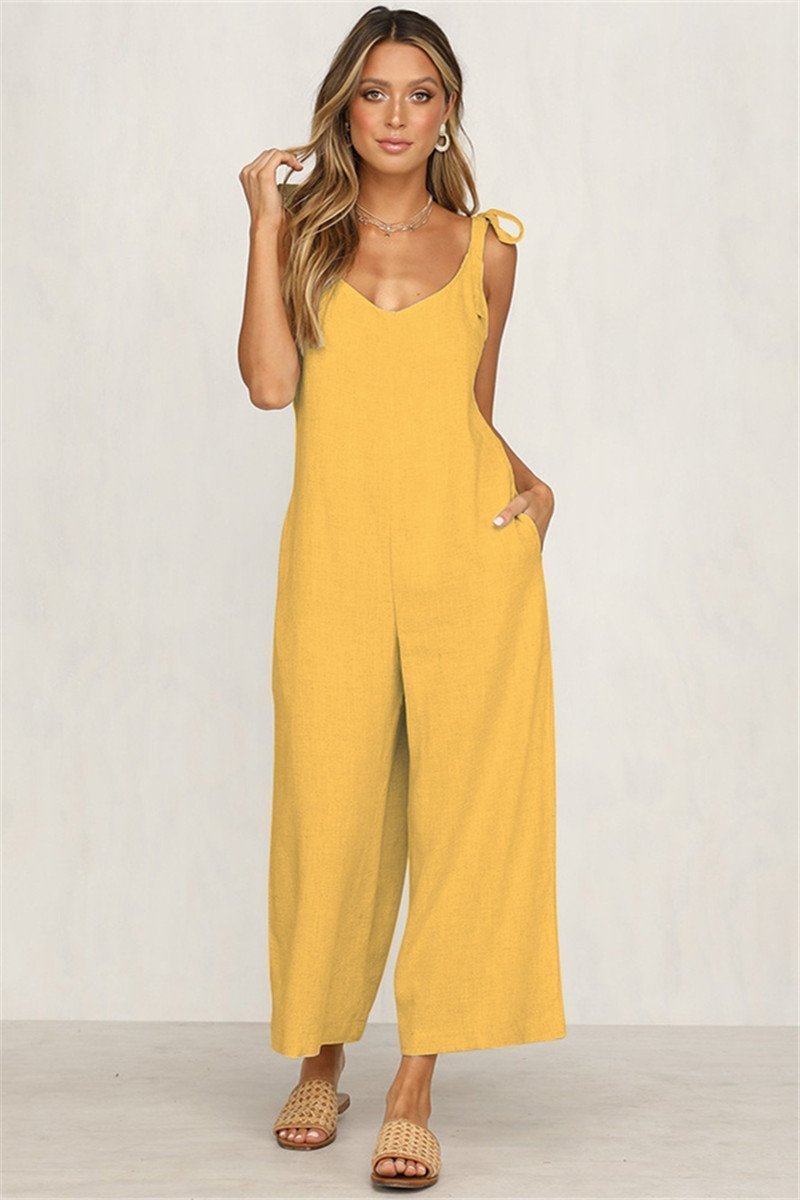 Laceing Solid Casual V Neck Sleeveless Jumpsuits