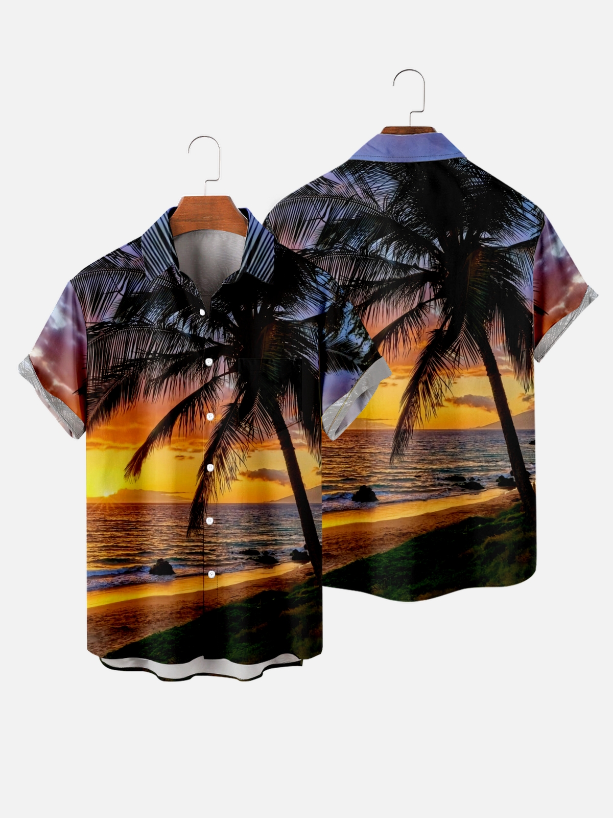 Men's Palm Tree Beach Graphic Print Shirt with Pocket Lapel Neck Summer Tops