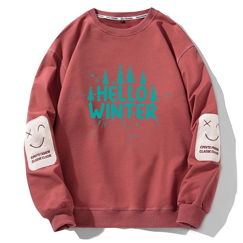 Hello Winter and Snow Crewneck Sweatshirt Smile Face Embroidery Sleeves