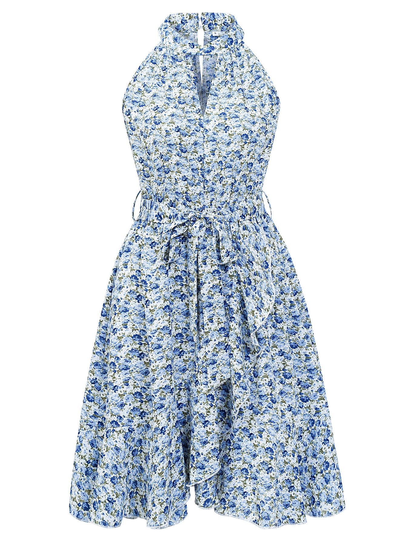 Women Halterneck Floral Print Sleeveless Summer Skirt Tie Front