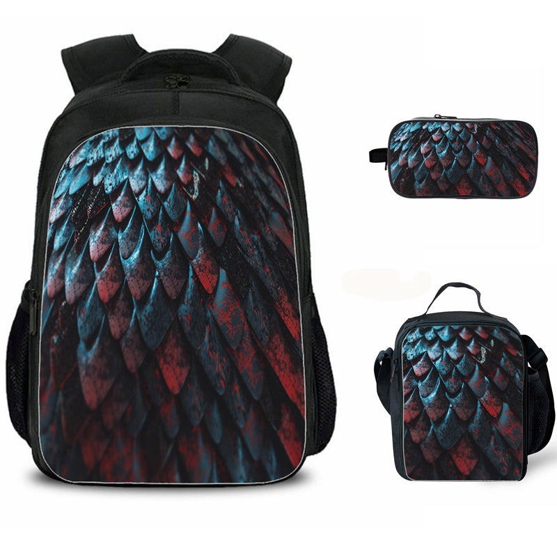 Dragon Scale Pattern Print Backpack with Lunch Bag and Pencil Case