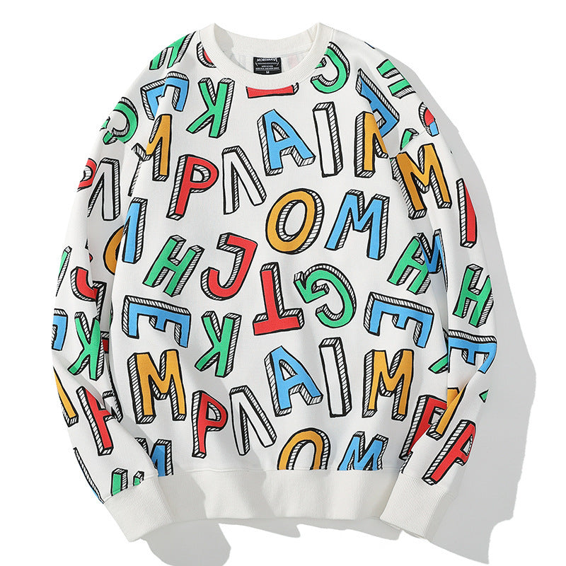 Colorful Letter Printed Sweater for Men Round Neck Sweatshirt Comfortable Pop Tops