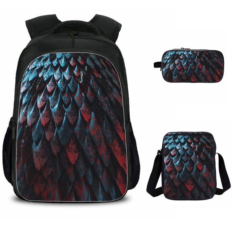 Dragon Scale Pattern Print Backpack with Satchel and Pencil Case