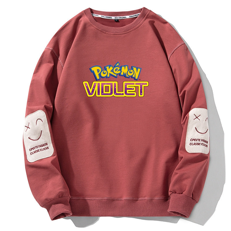Pokemon Violet Crew Neck Sweatshirt Smile Face Embroidery Sleeves