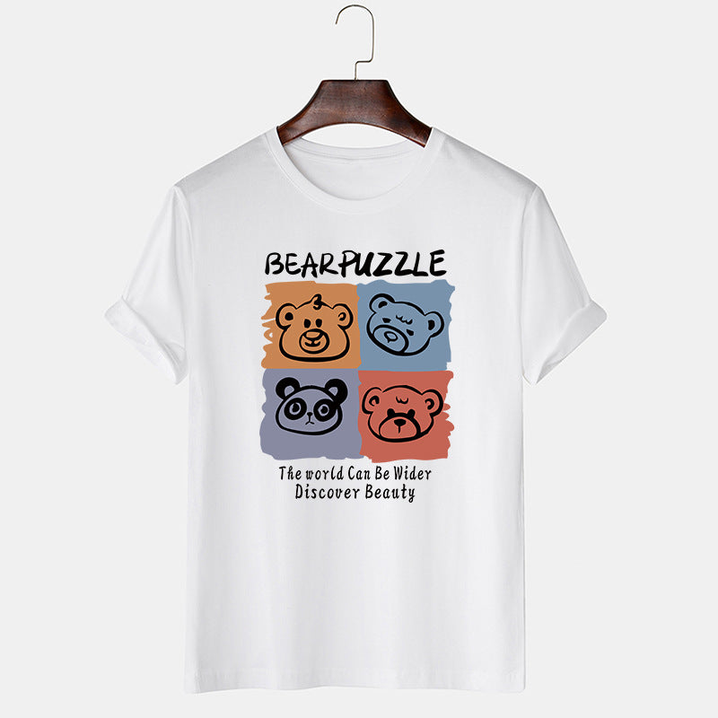 Mens' Bear Printed Shirt Oversized Cotton T-Shirt Cute Bear Puzzle Graphic Printed Tops