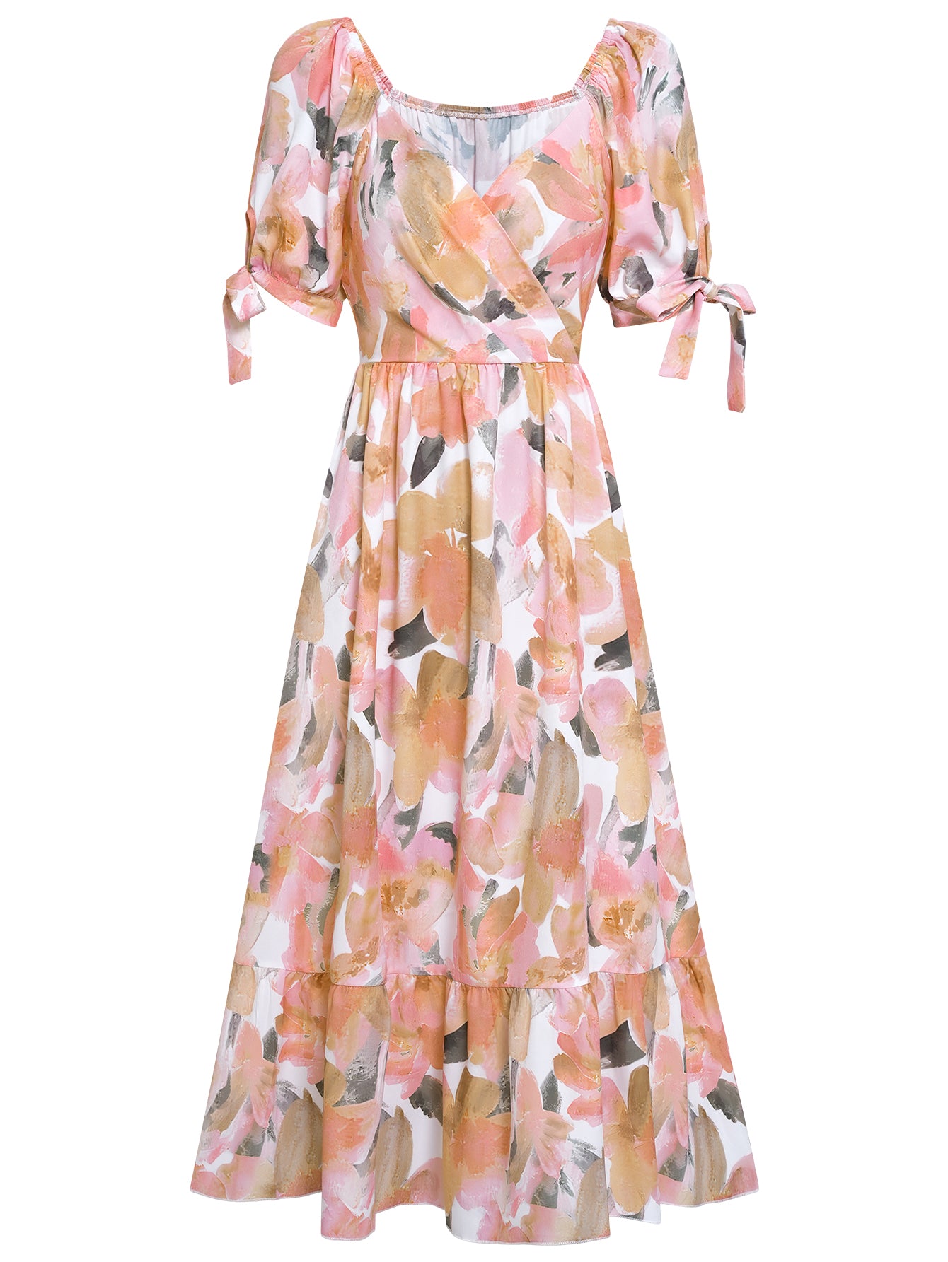 Women Floral Dress Plunge Neck Layered HEM High Waist