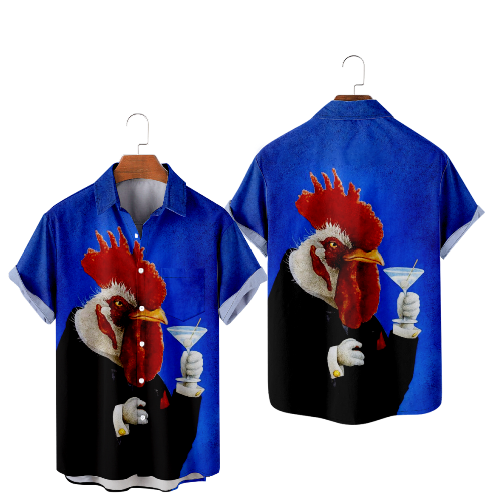 Rooster Button Up Shirt uhoodie Cocktail Summer Short Sleeves Shirt Straight Collar 