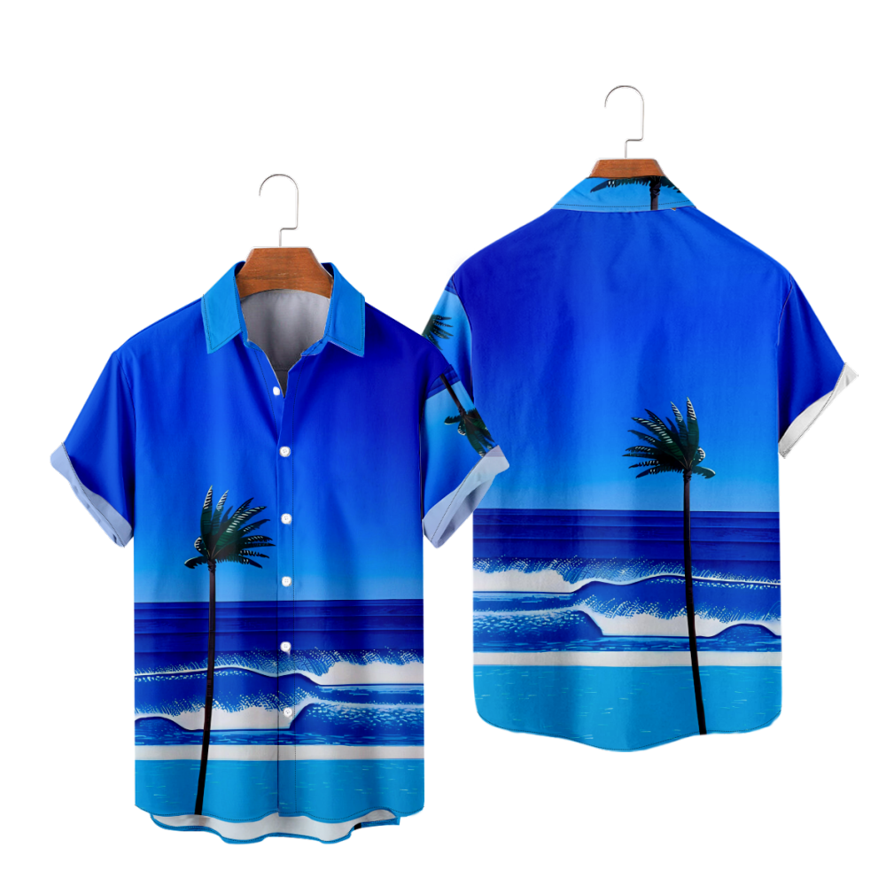 Blue Ocean Beach Button Up Shirt uhoodie Summer Short Sleeves Shirt Straight Collar 
