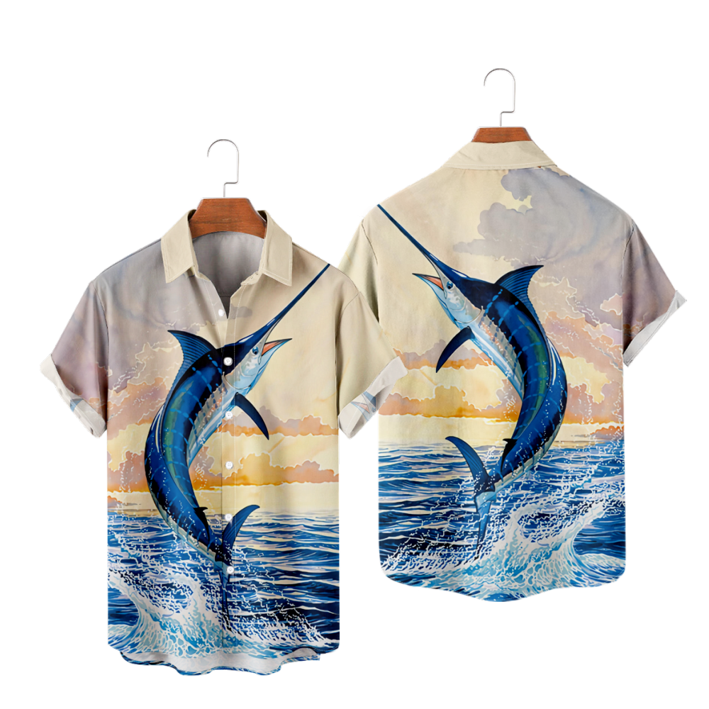 Marlin Fish Short Sleeves Shirt Button Up Straight Collar Ideal Gift