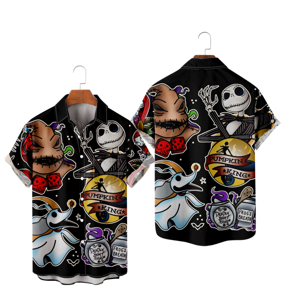 Skeleton Button Up Shirt Halloween Short Sleeves Straight Collar Shirt with Pockets
