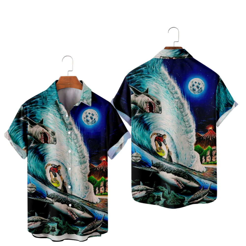 Shark Short Sleeves Shirt with Pockets Straight Collar Hawaii Summer Shirt