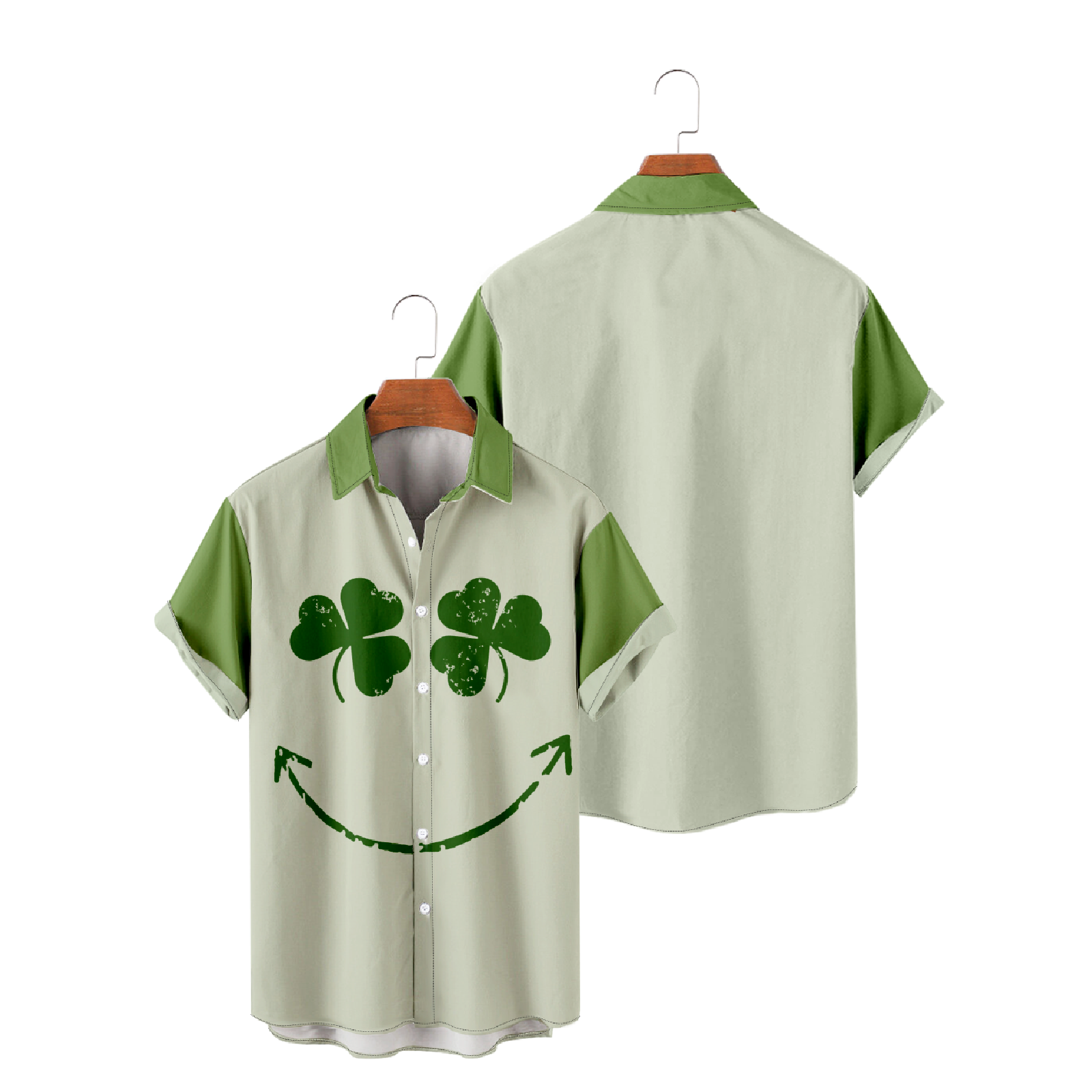 Flower Smile Hawaiian Shirt Men's Button Up Short Sleeve Summer Tops Three Leaf Clover