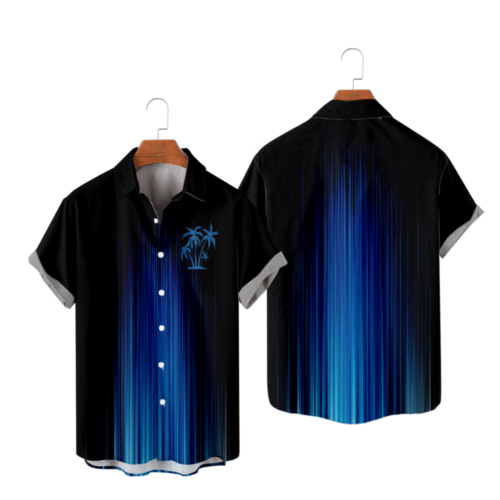 Blue Ray Palm Tree Button Up Shirt with Pockets Short Sleeves Black and Blue Tops