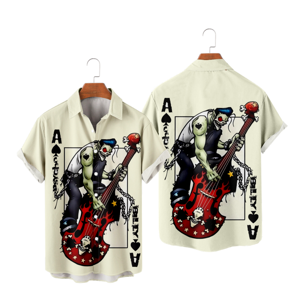 Poker Aces Shirt Skull Graphic Shirt Guitar Graphic Print Short Sleeves 