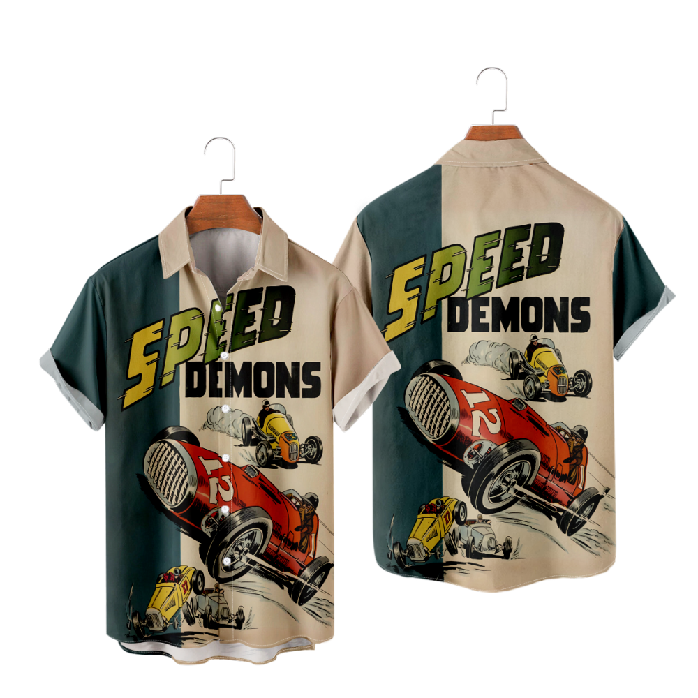 Speed Demons Button Up Shirt Short Sleeves Straight Collar 