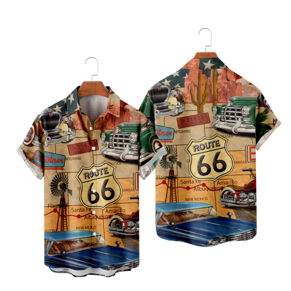 Route 66 Button Up Shirt Short Sleeves Straight Collar Quick Dry Tops