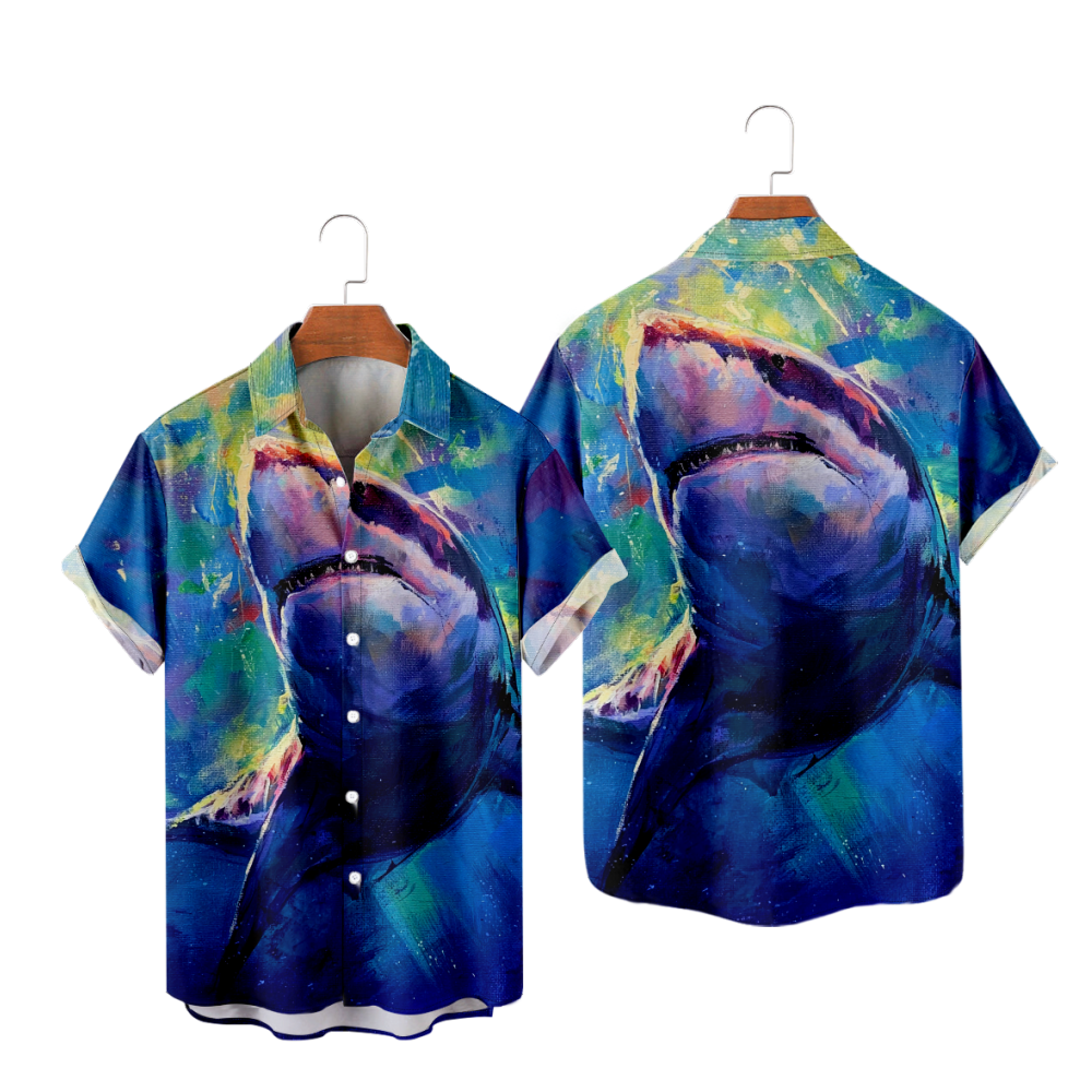 Men's Shark Graphic Print Shirt uhoodie Oil Painting Short Sleeves Shirt Straight Collar Blue