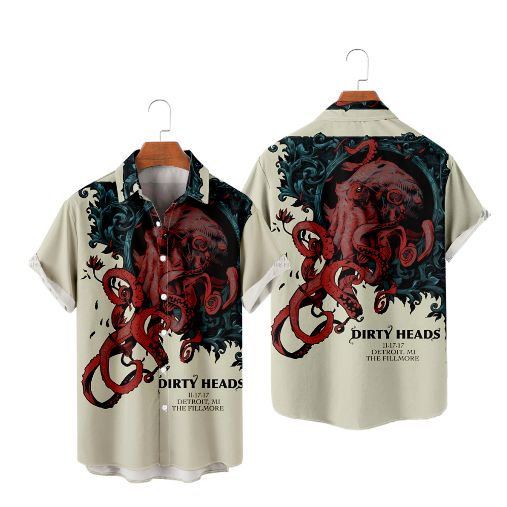 Dirty Heads Octopus Button Up Shirt Short Sleeves Straight Collar Quick Dry Tops