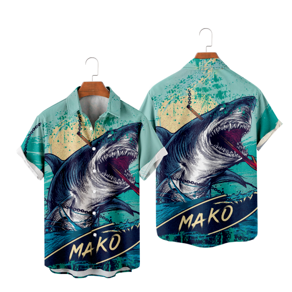Mako Shark Graphic Print Men's Shirt Short Sleeves Lapel Collar 