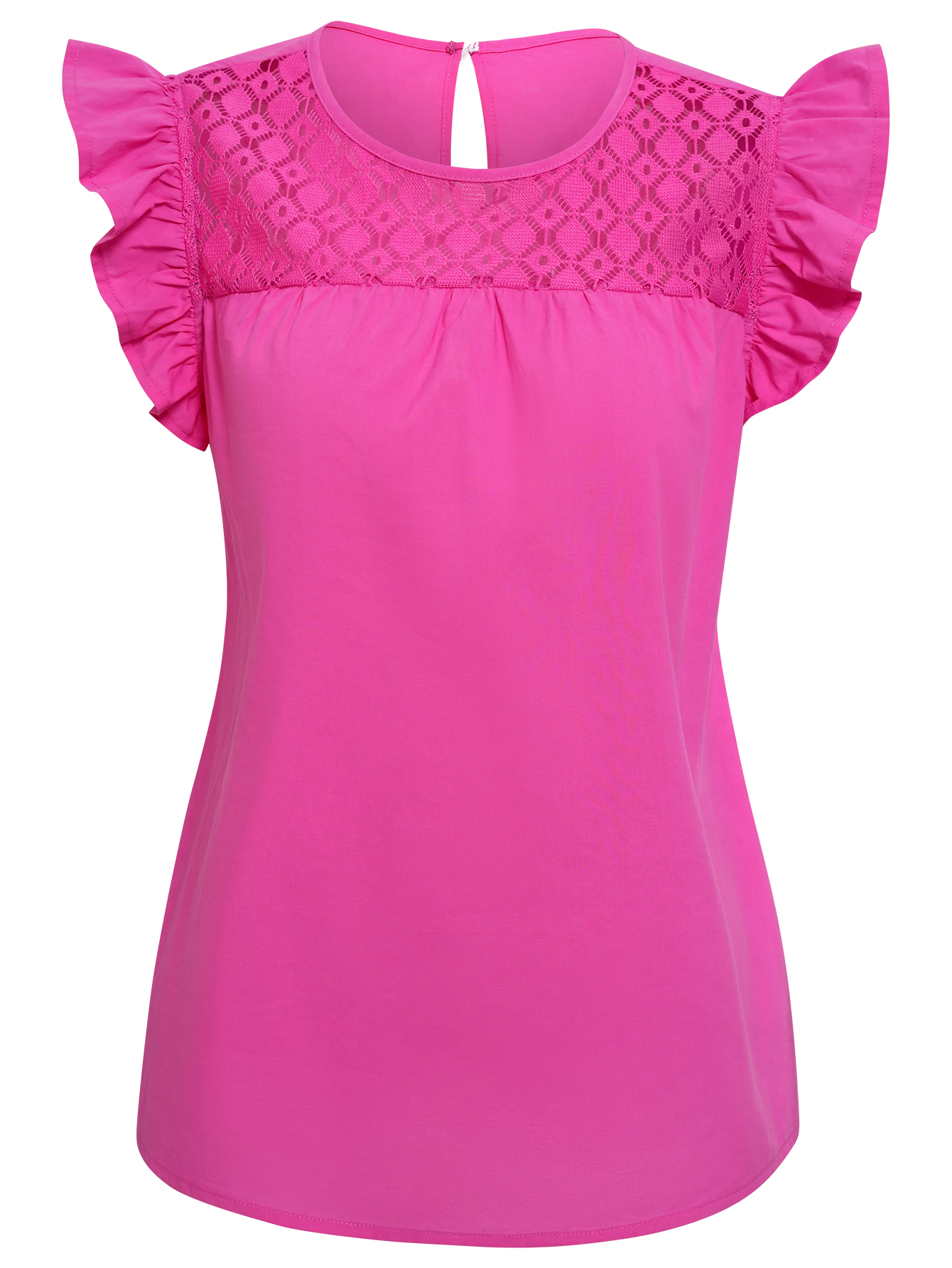 Women Lace Round Neck Ruffle Short Sleeve Tops 