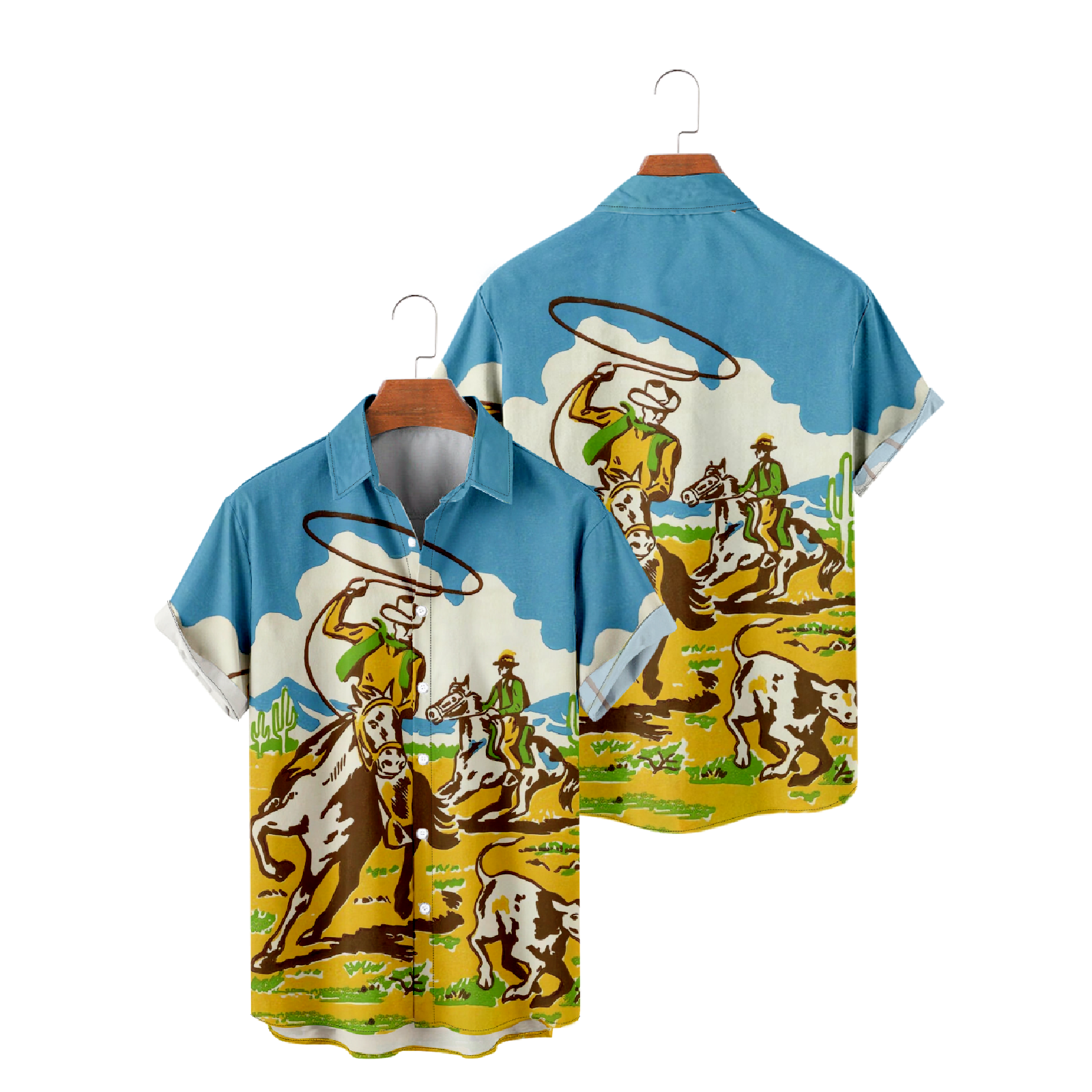 Cowboy Shirt Mens Short Sleeve Button Up Cartoon Graphic Print uhoodie Casual Tops