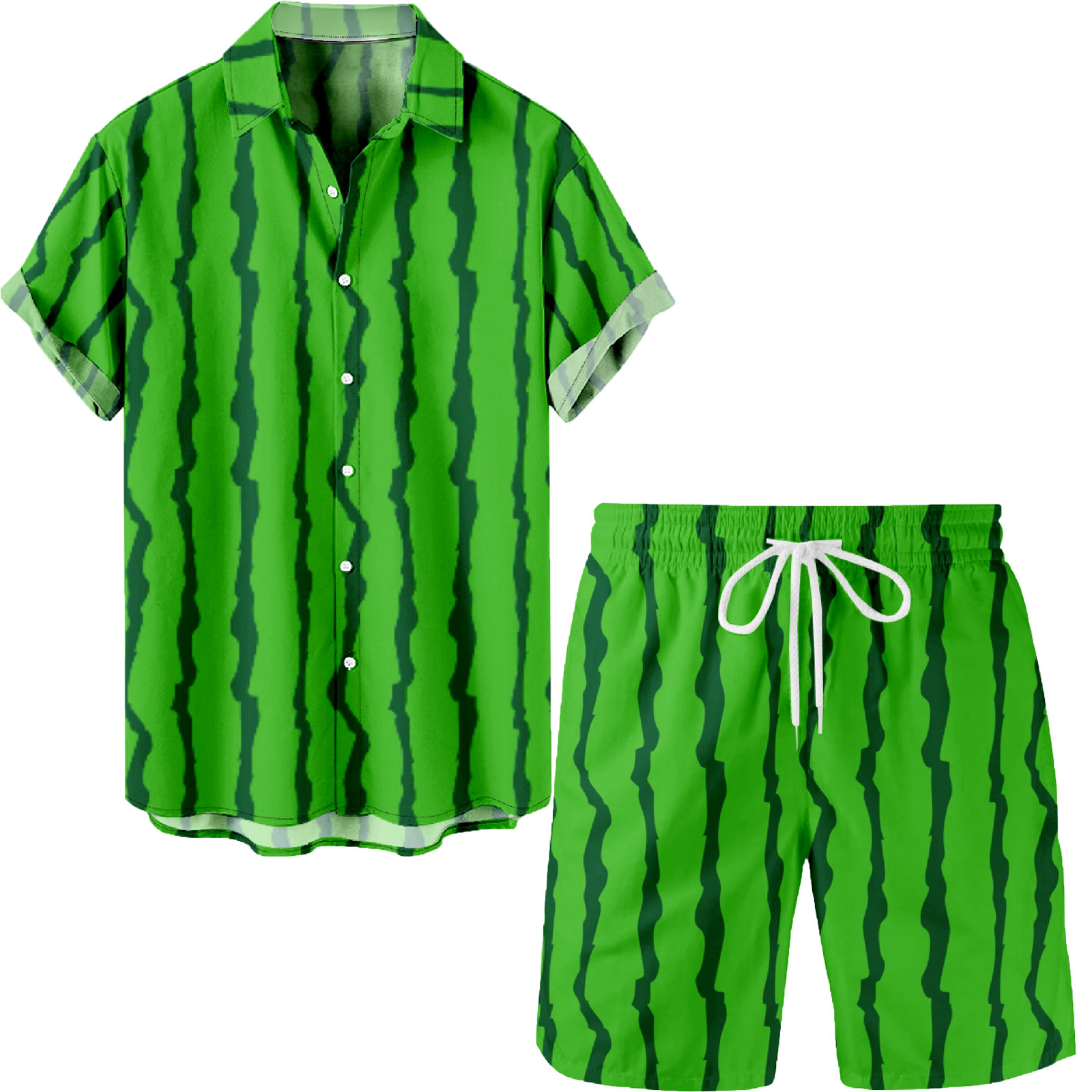Green Striped Watermelon Button Up Shirt and Beach Shorts Summer 2 Pieces Suit