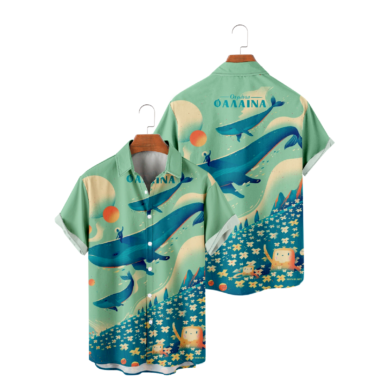 Whale Print Short Sleeve Shirt Men's Hawaiian Shirt Button Up Straight Collar uhoodie Tops