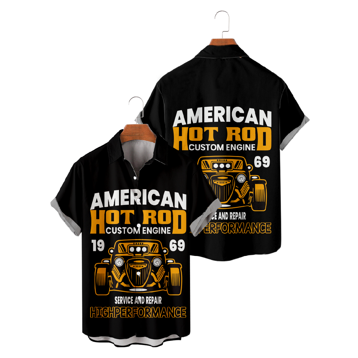 American Hot Rod Button Up Shirt Black Short Sleeve Shirt Men's Allover Print