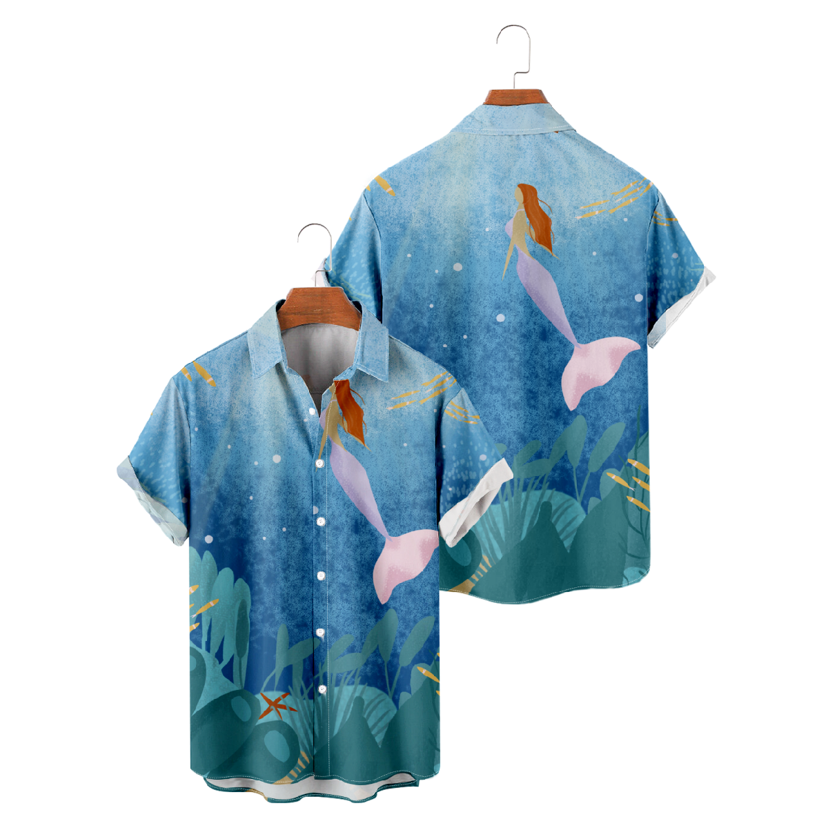Mermaid Hawaiian Shirt Men's Short Sleeve Shirt Button Up Summer Tops