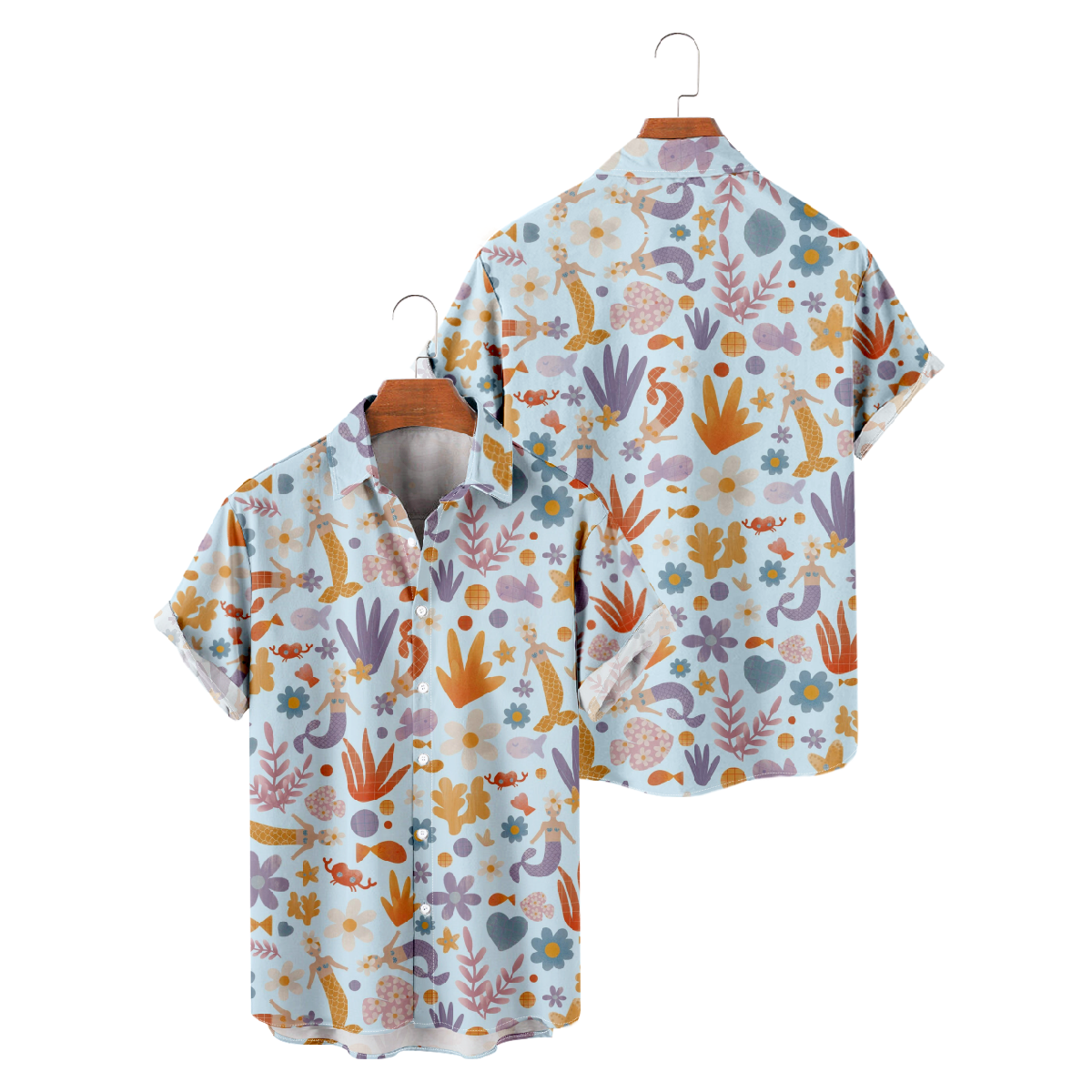 Mermaid Short Sleeve Shirt Men's Allover Print Shirt Button Tops Summer Shirt