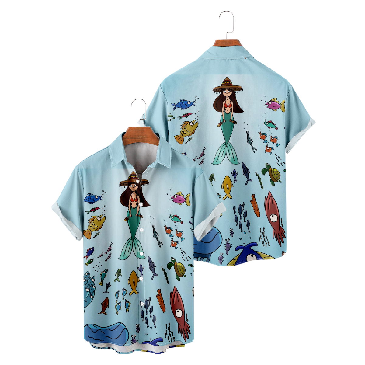 Mermaid Print Short Sleeve Shirt Men's Straight Collar Button Shirt Summer Tops