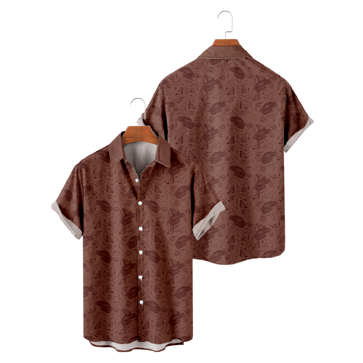 Men's Short Sleeve Shirt Frog Print Coffee Brown Shirt uhoodie Casual Shirt