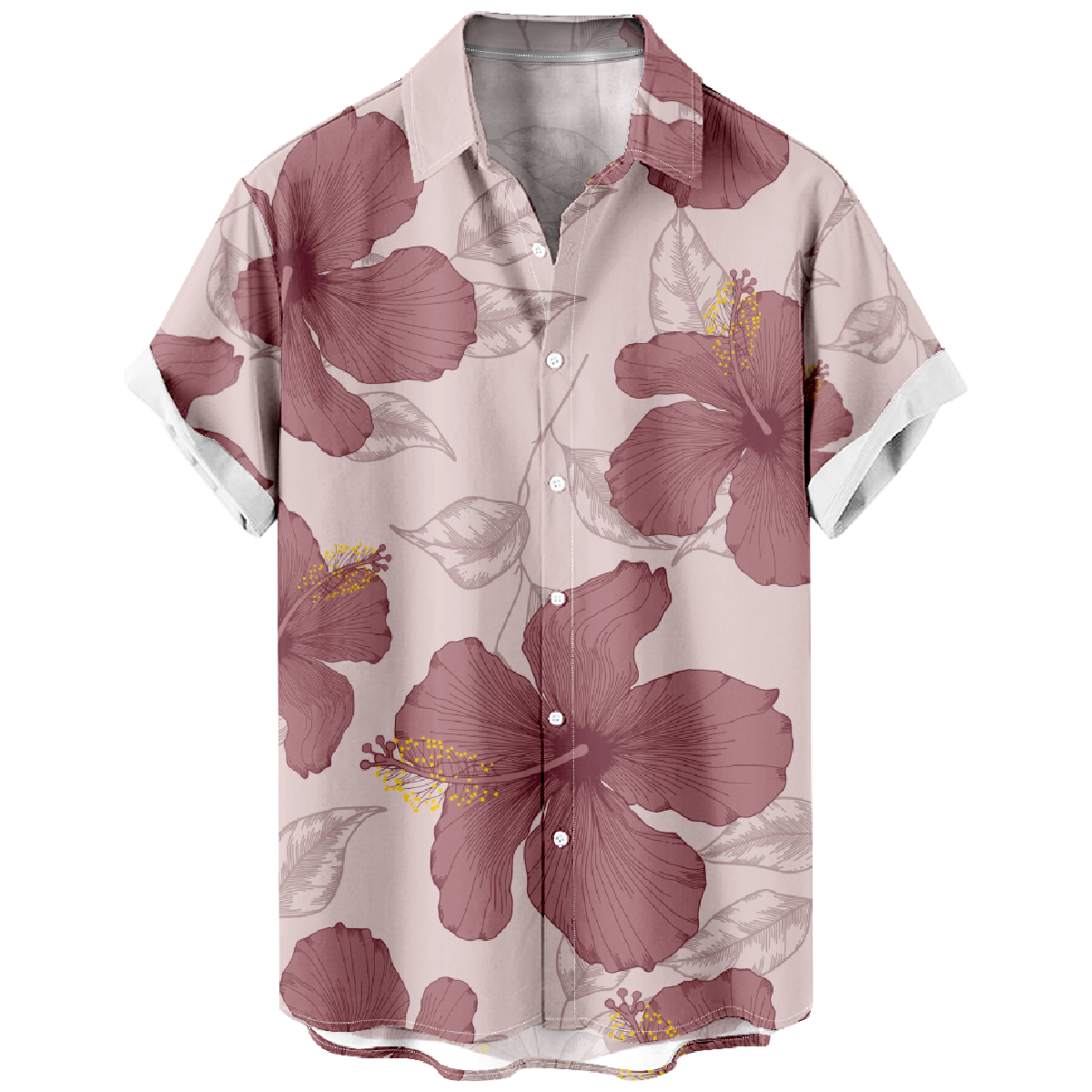 Mens Hibiscus Print Hawaiian Shirt Floral Button Up Shirt Summer Beach Shirt