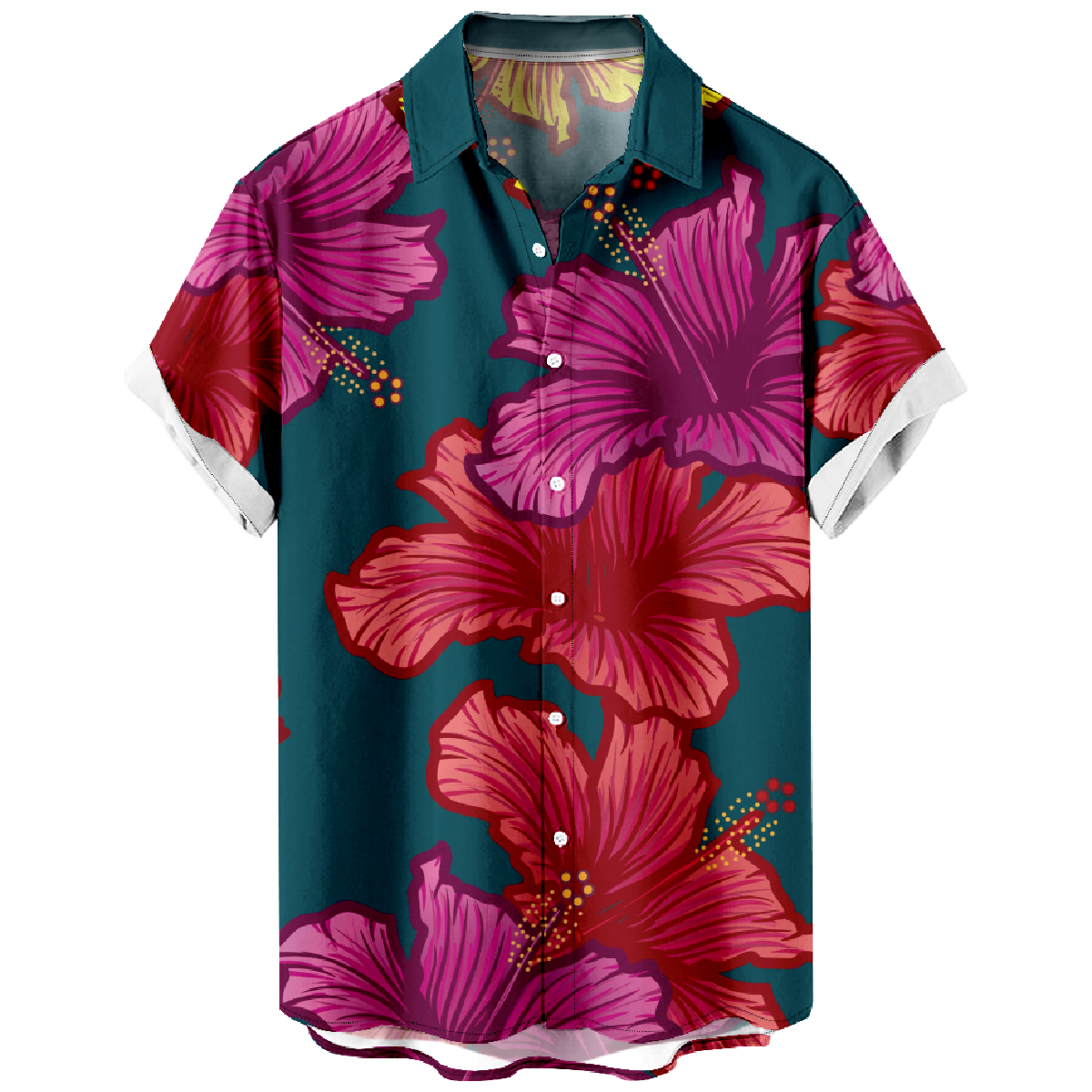 Hibiscus Flower Short Sleeve Shirt Men's Hawaiian Button Shirt Straight Collar