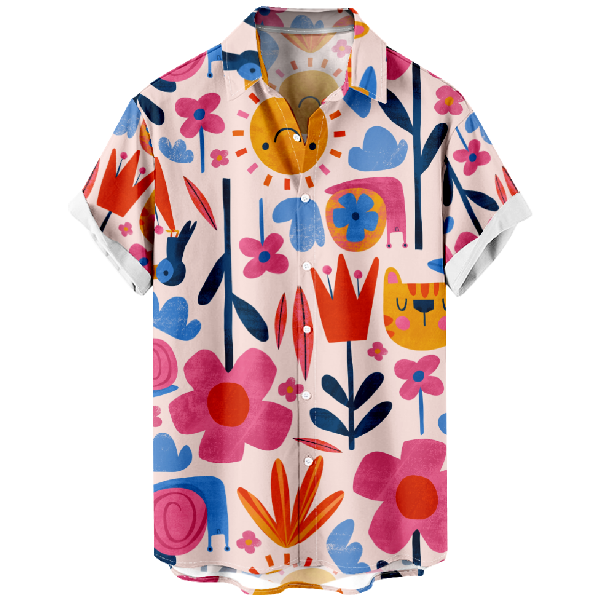 Men's Pink Flower Print Short Sleeve Shirt Floral Button Up Shirt